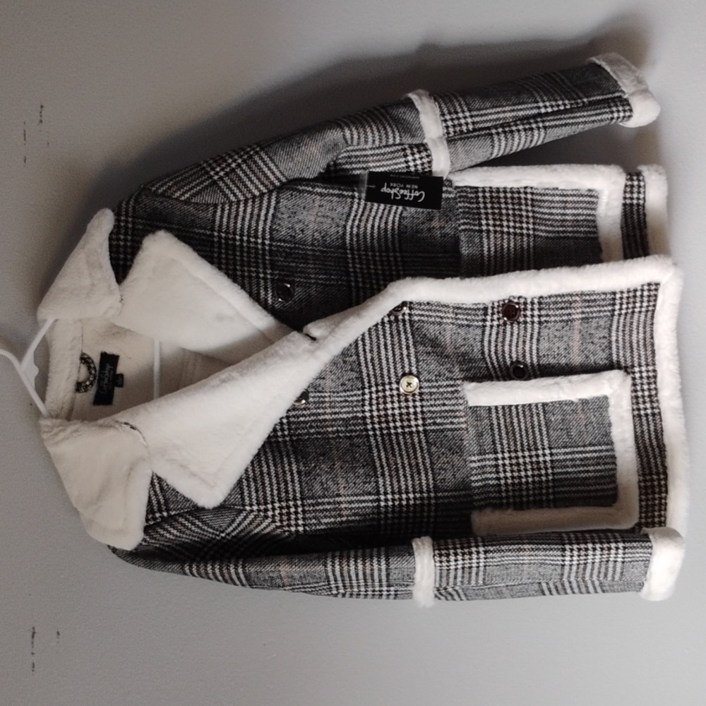 Coffeeshop Plaid Tweed Peacoat Faux Fur‎ Academia City Girl Preppy Women L NEW